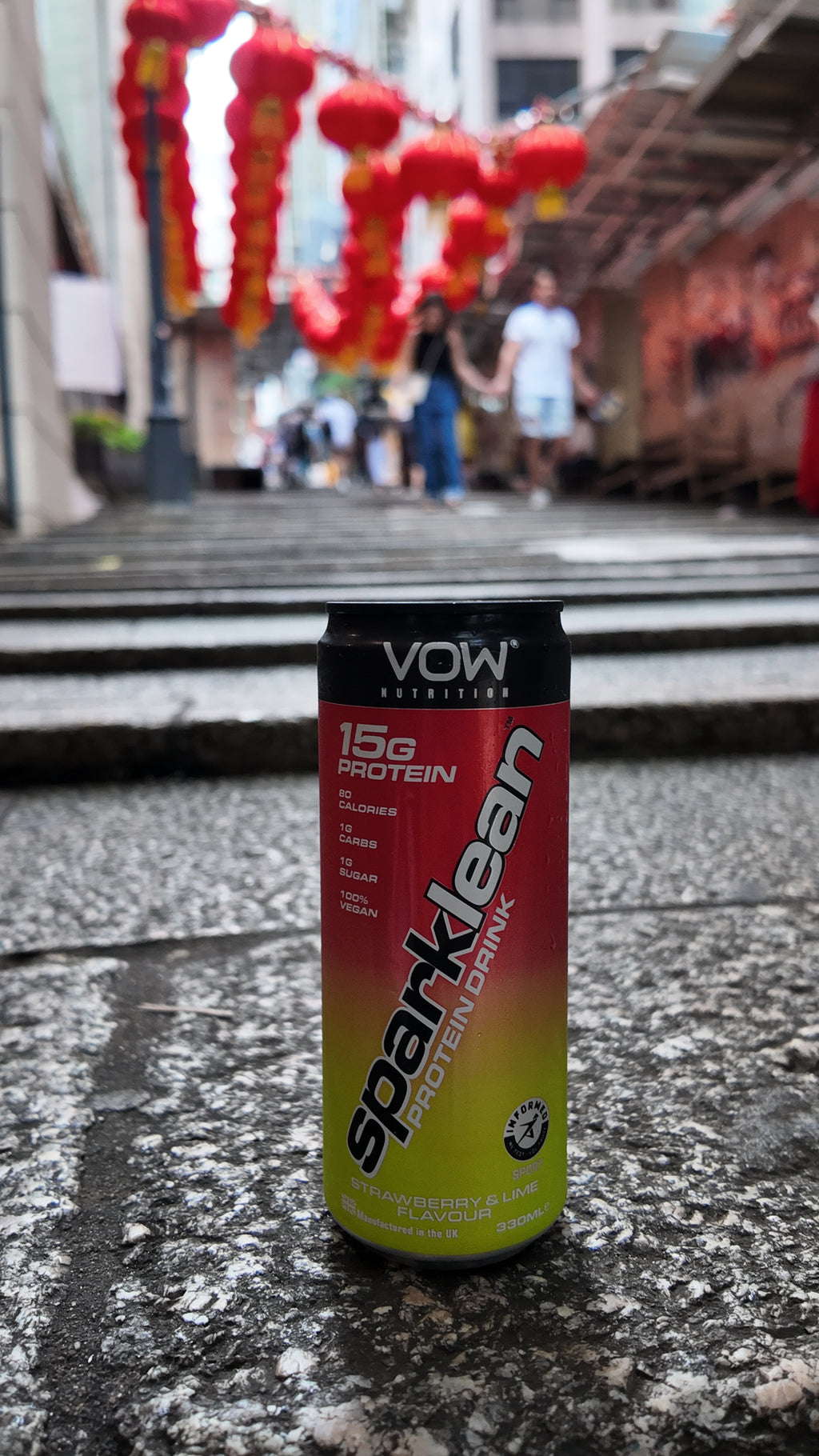 Sparklean Strawberry and Lime on stone steps with red lanterns in the background